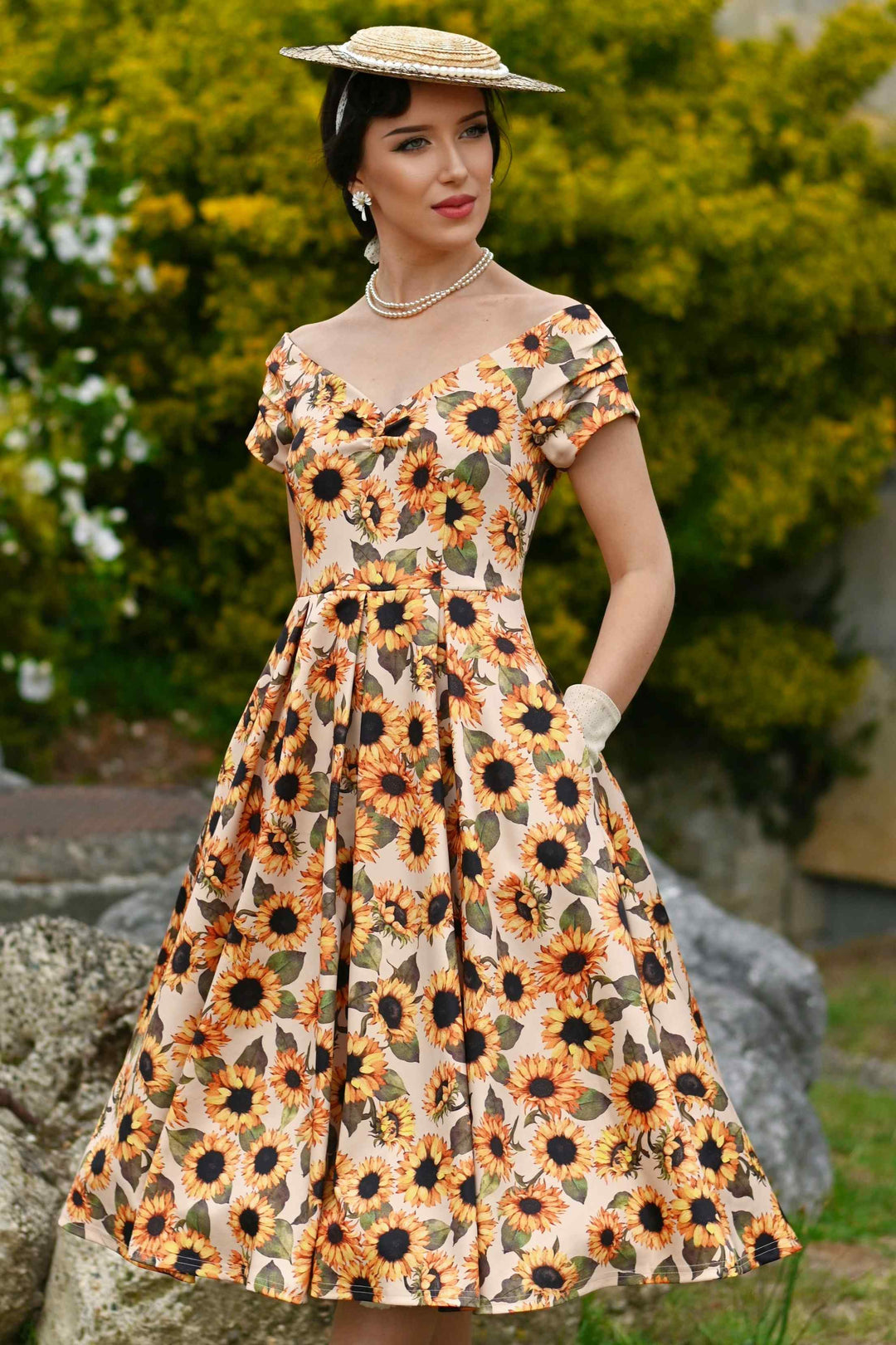 A Close up of a Model wearing a Lily Sunflower Dress | Vintage Floral Dress