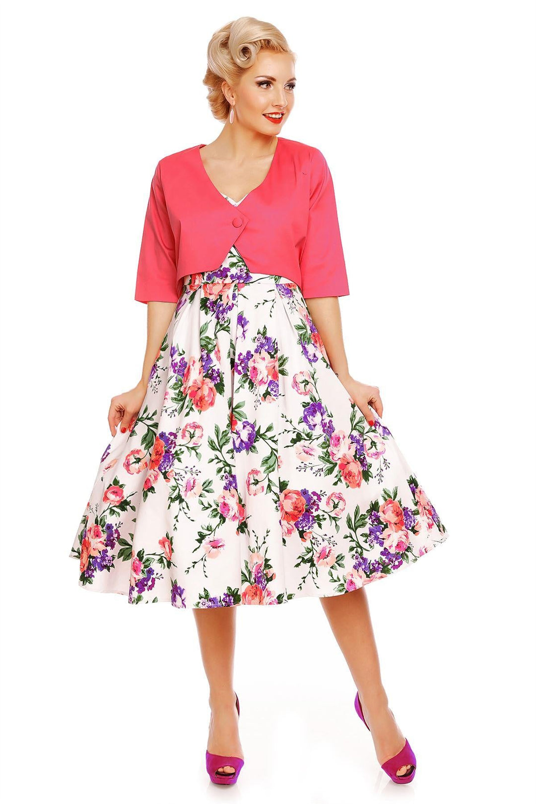 A charming model wearing a Lily White Floral Off Shoulder Dress