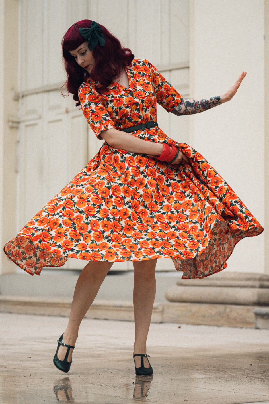 A lovely lady in A Mollie Shirt Dress in Orange Poppy Print