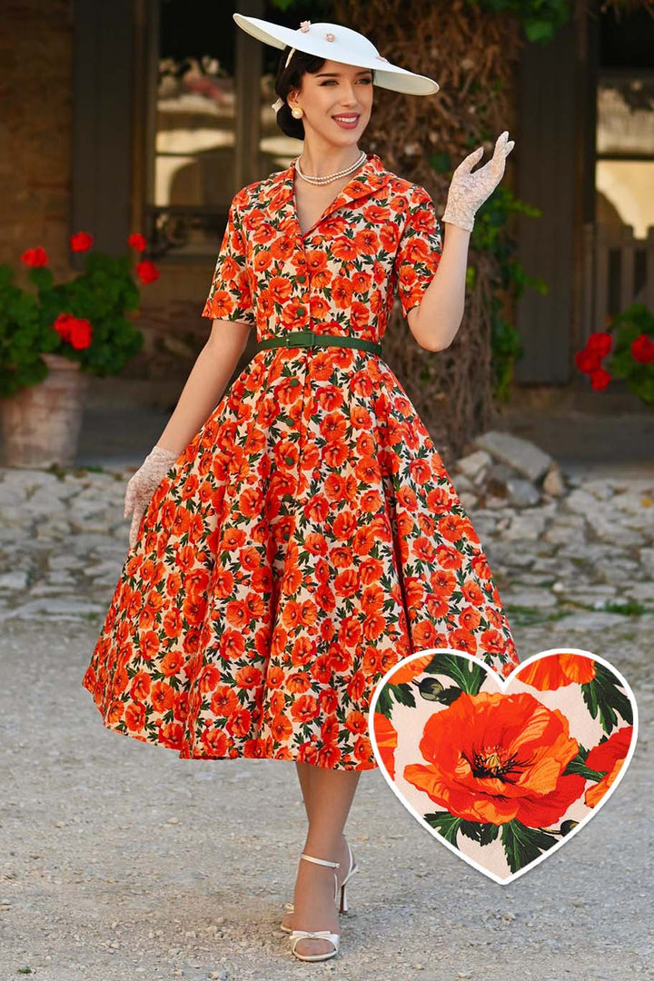 A lovely model in Mollie Shirt Dress in Orange Poppy Print
