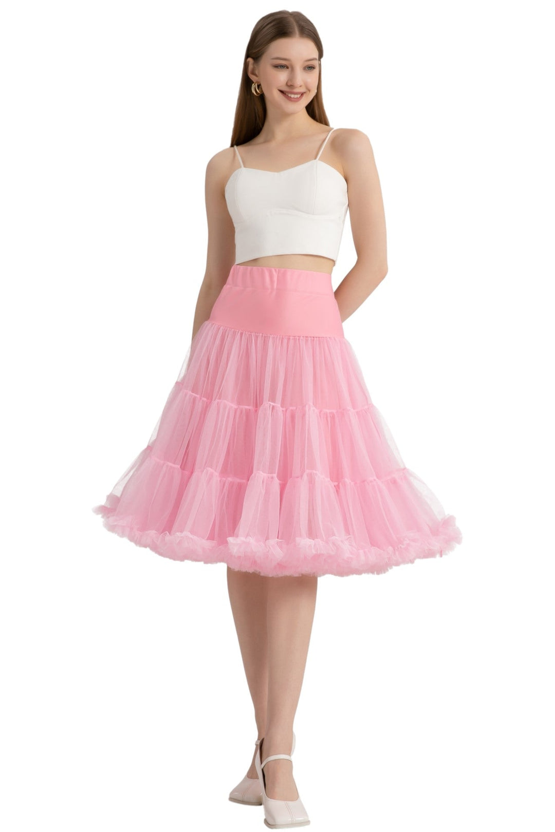 A model wearing a Hattie Pastel Pink 3-Tier Net Petticoat, 25.5 Inches