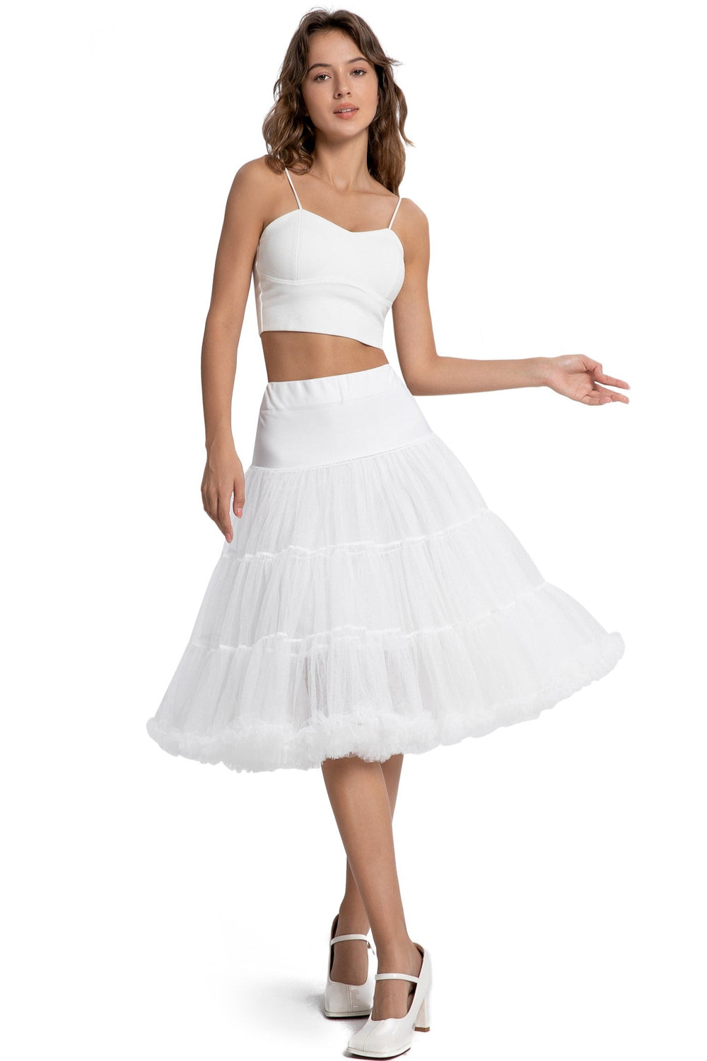 A model wearing a Hattie White 3-Tier Net Petticoat, 25.5 Inches