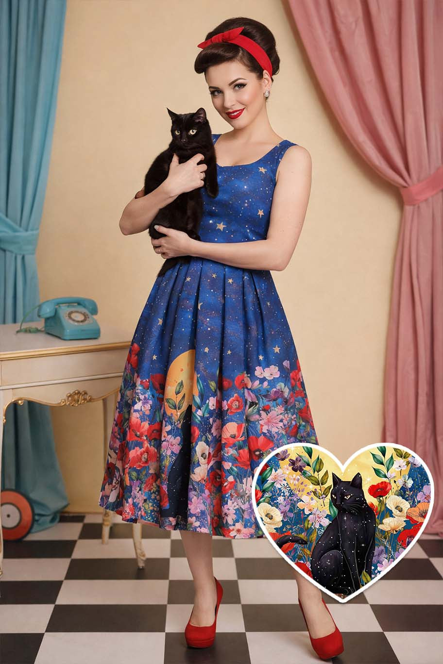 A model wearing an Amanda Black Cat Midnight Garden Box Pleated Dress