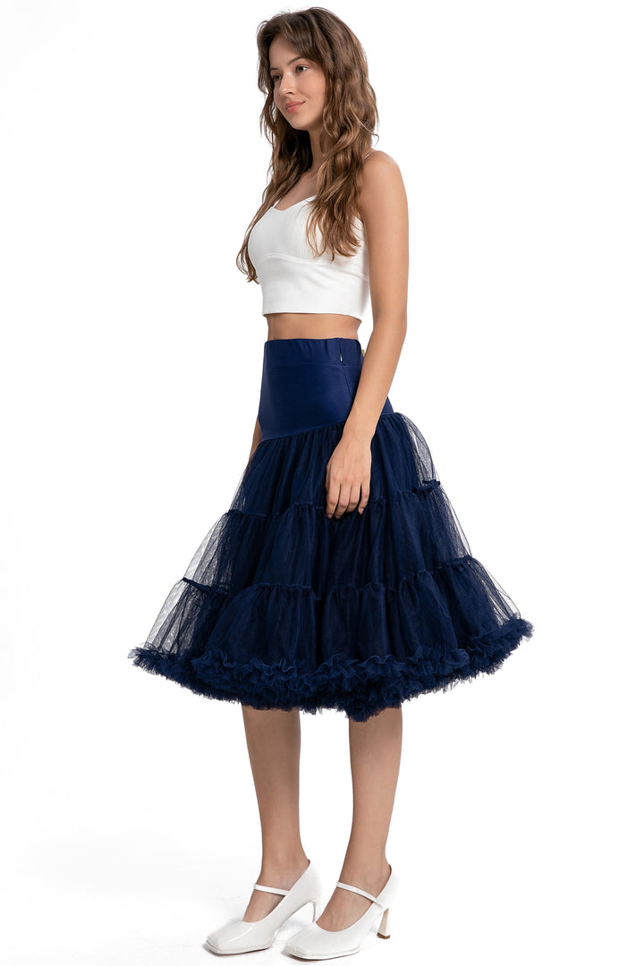 Angle shot of A model wearing a Fluffy Net Petticoat 25.5” In Navy Blue