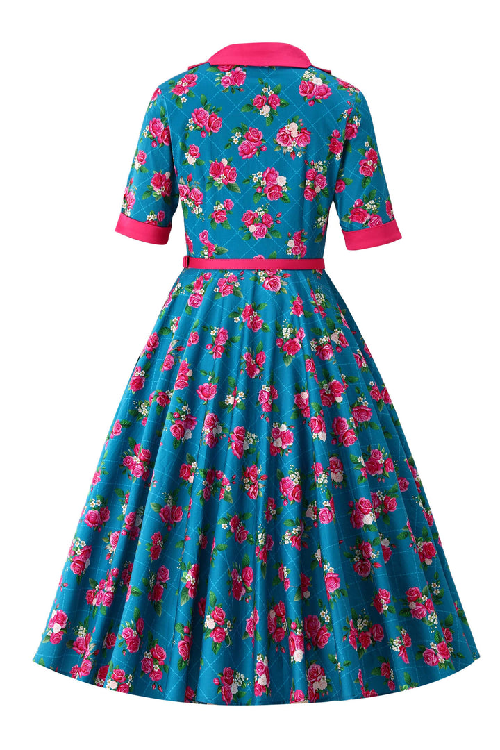 Back view of Mollie Blue Rose Midi Shirt Dress