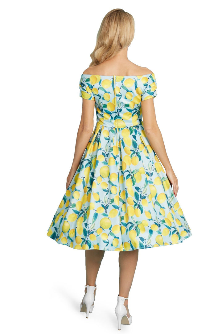 Back of a lovely model wearing the Lily Light Blue Lemon Off-Shoulder Summer Midi Dress