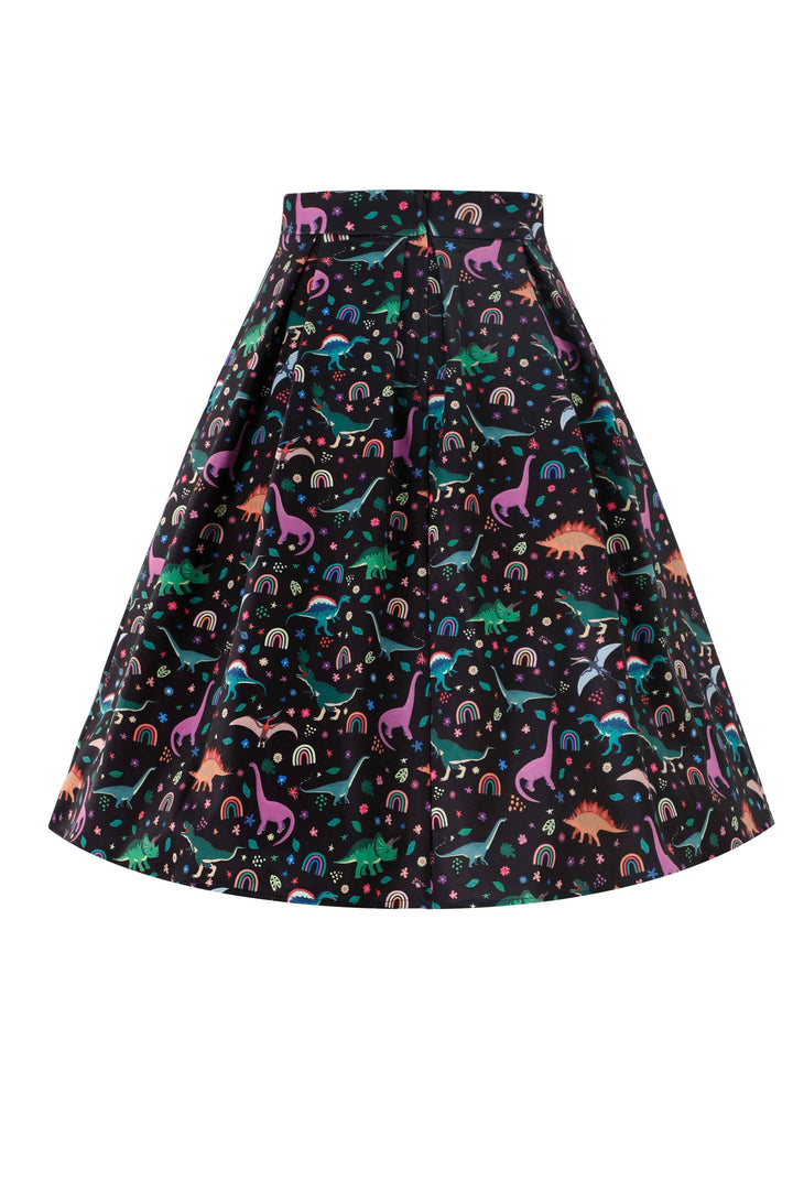 Back view of Aisley Dinosaur Rainbow Skirt | Novelty Print Skirt