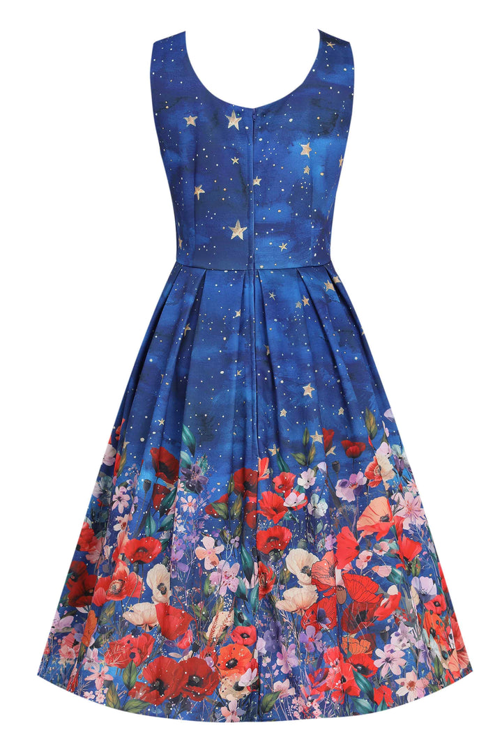Back view of Amanda Black Cat Midnight Garden Box Pleated Dress