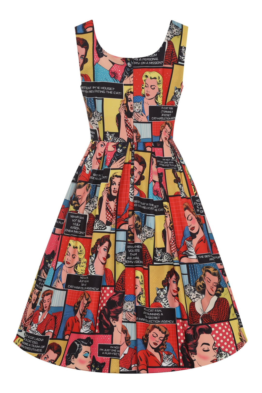 Back view of Amanda Cat Lovers in Comic Books Dress | Novelty Print Dress