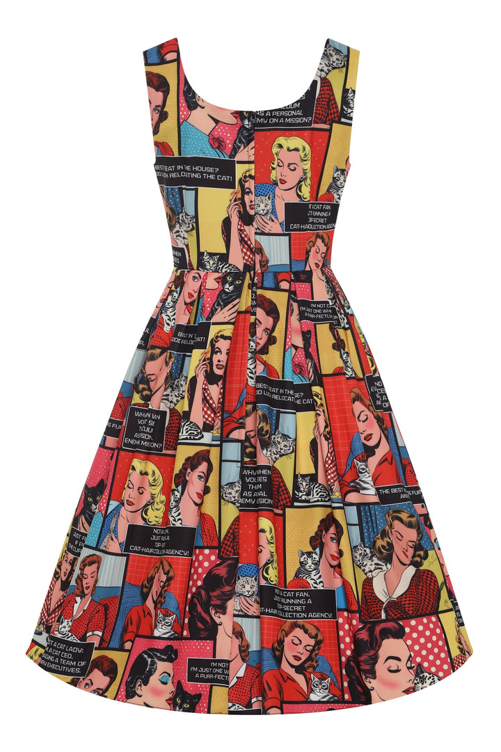 Back view of Amanda Cat Lovers in Comic Books Dress | Novelty Print Dress
