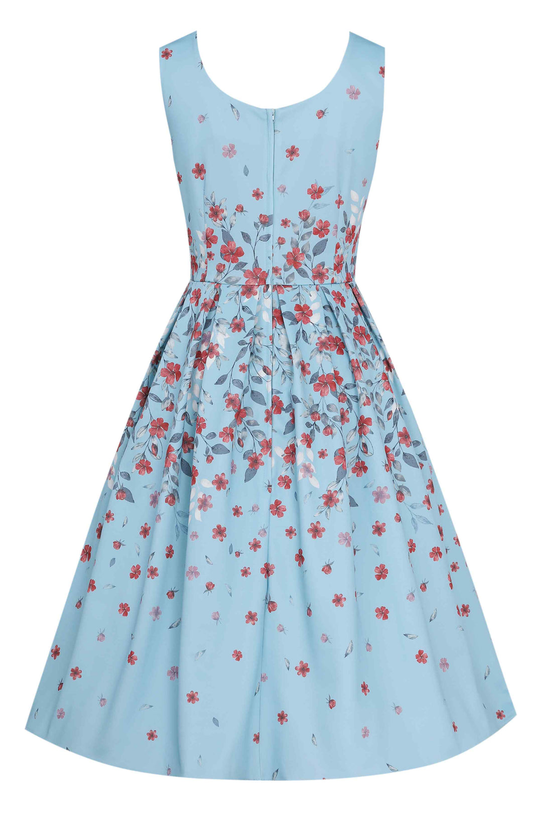 Back view of Amanda Falling Flowers on Light Blue Dress | Vintage Floral Dress