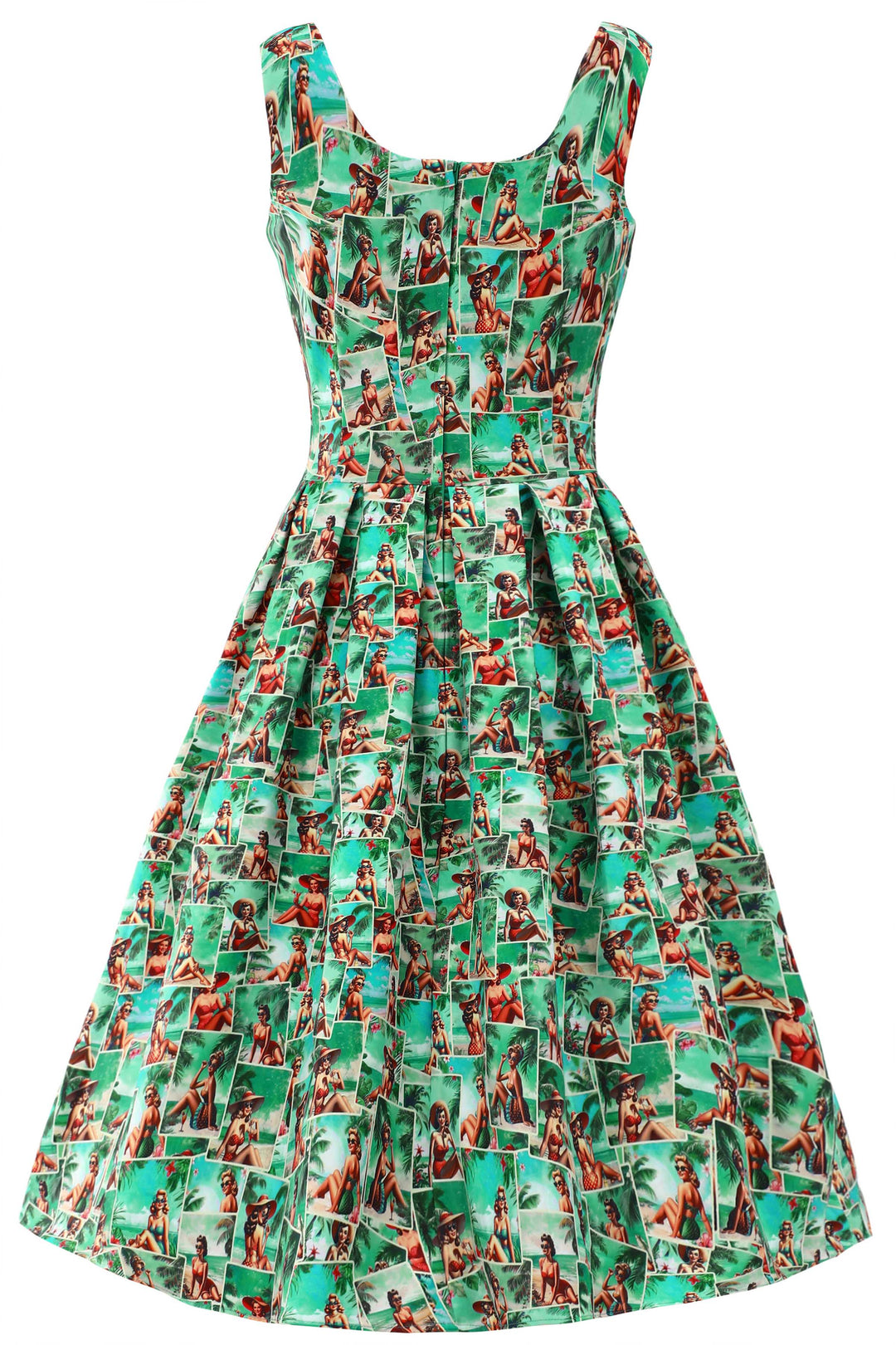 Back view of Amanda Pin-Up Postcard Dress | Novelty Print Dress