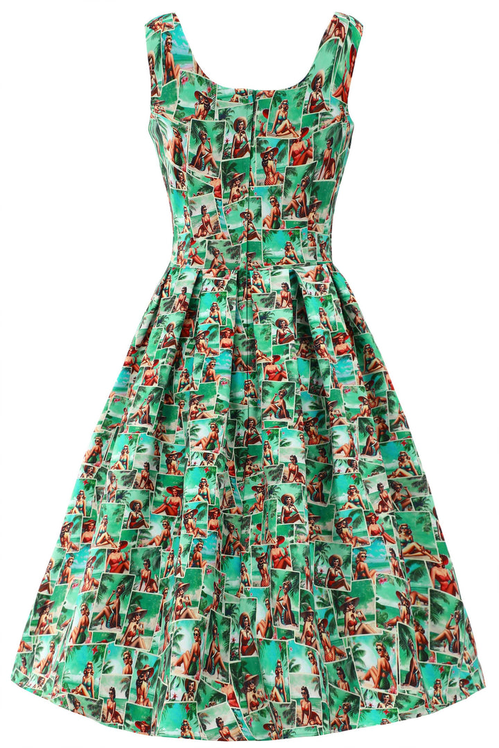Back view of Amanda Pin-Up Postcard Dress | Novelty Print Dress