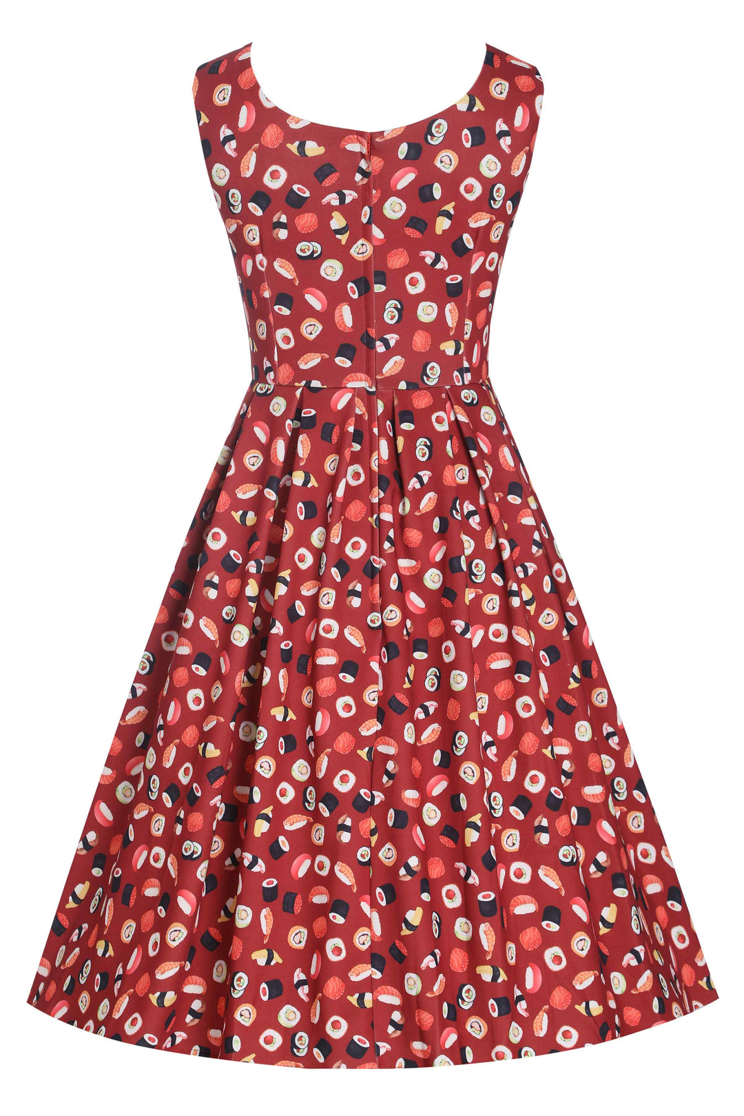 Back view of Amanda Sushi & Sashimi Flared Dress In Burgundy