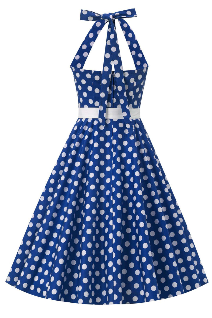Back view of Daisy Dark Blue & White Polka Dot Dress | 50s Style Dress