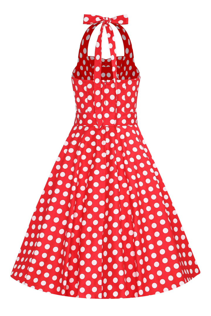 Back view of Daisy Red Polka Dot Halterneck Dress
