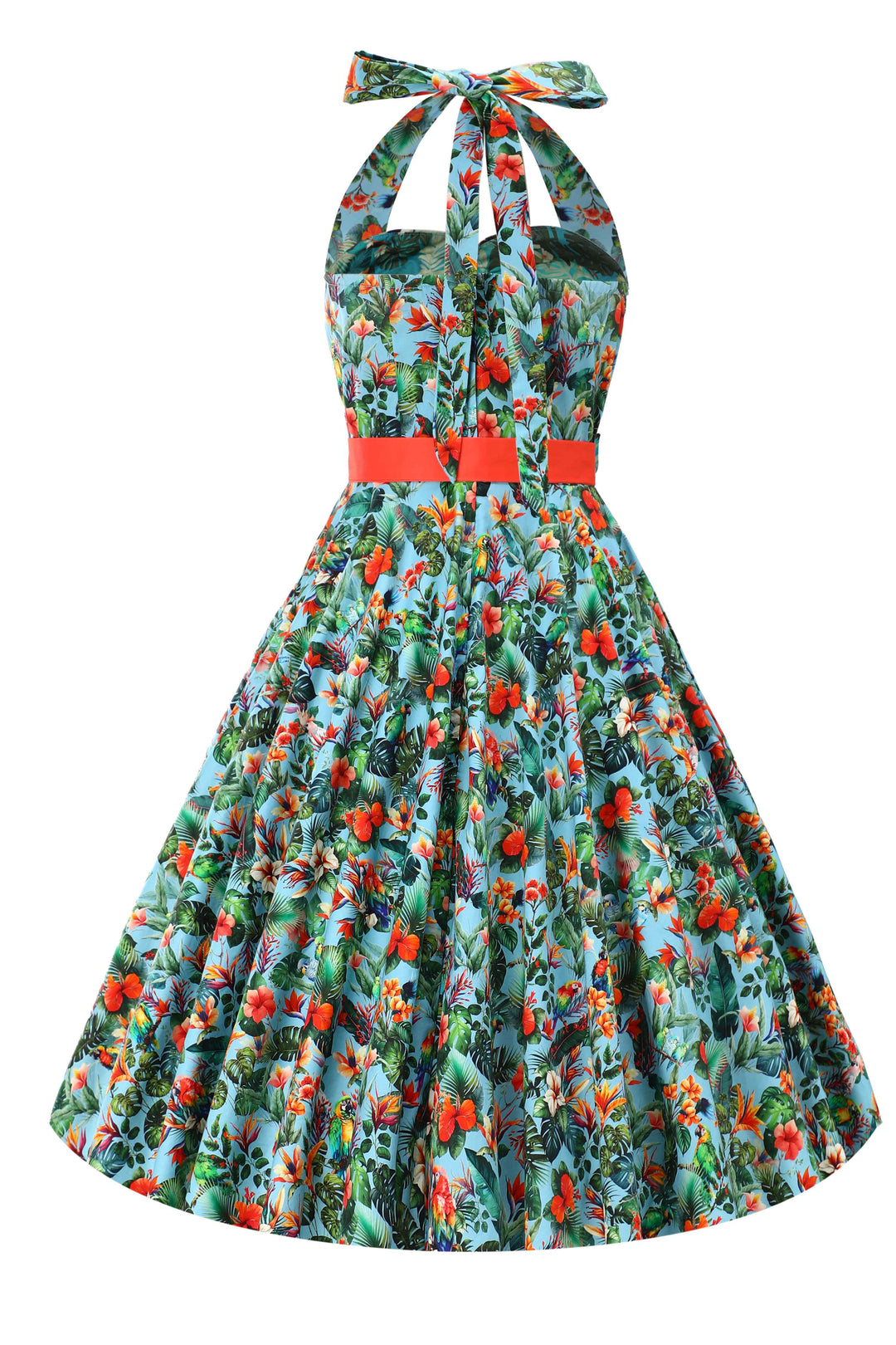 Back view of Daisy Tropical Parrot Halterneck Dress
