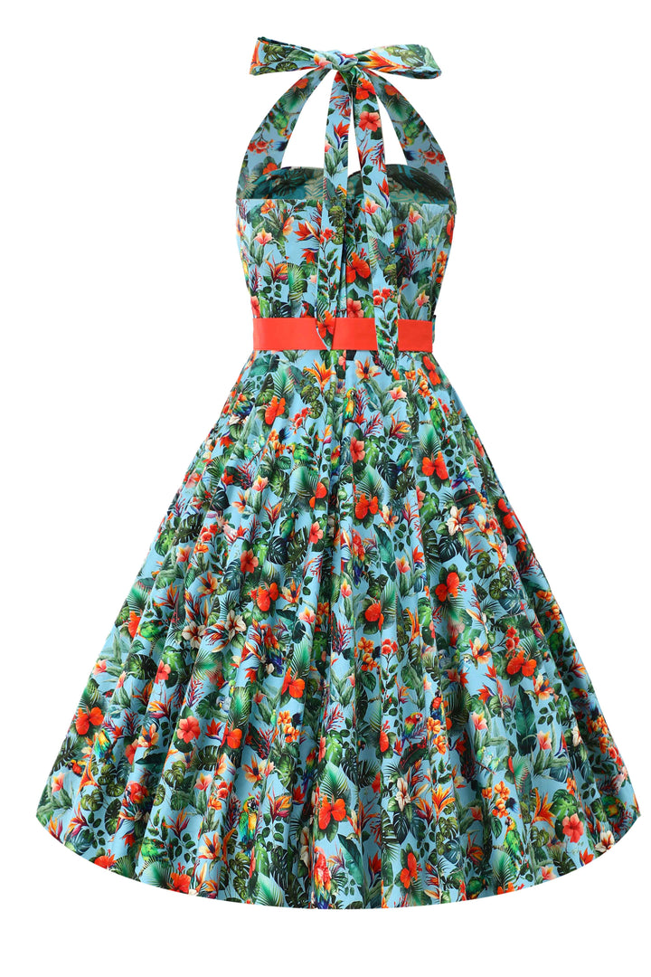 Back view of Daisy Tropical Parrot Halterneck Dress