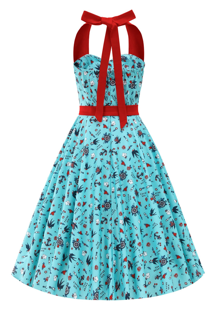Back view of Daisy Vintage Nautical Tattoo Halterneck Dress