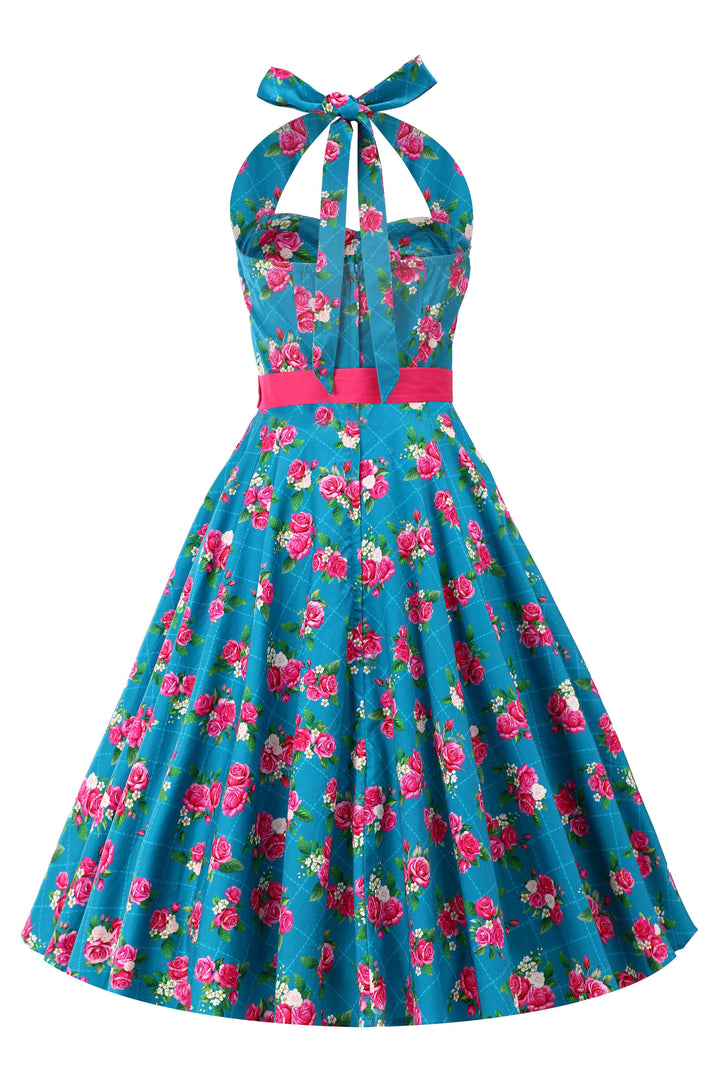 Back view of Daisy Vintage Pink Roses on Blue Dress | Vintage Floral Dress AU