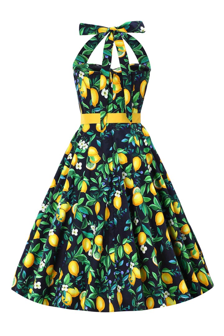 Back view of Daisy Yellow Lemons on Black Dress | Vintage Halter Dress