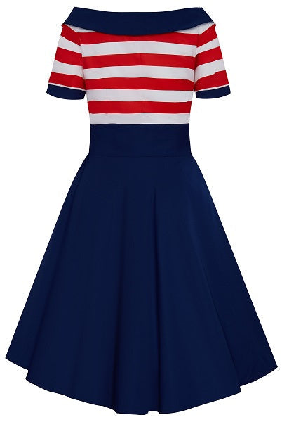 Back view of Darlene Navy Red Stripe Dress | Nautical Swing Dress