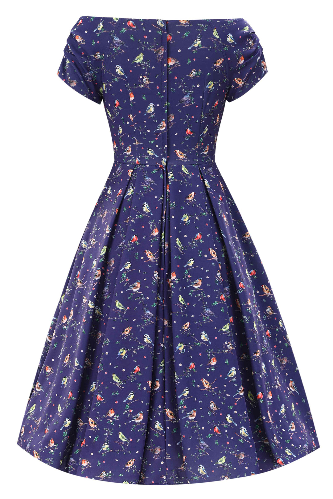 Back view of Lily Bird Garden on Navy Blue Dress | Whimsical Vintage Dress
