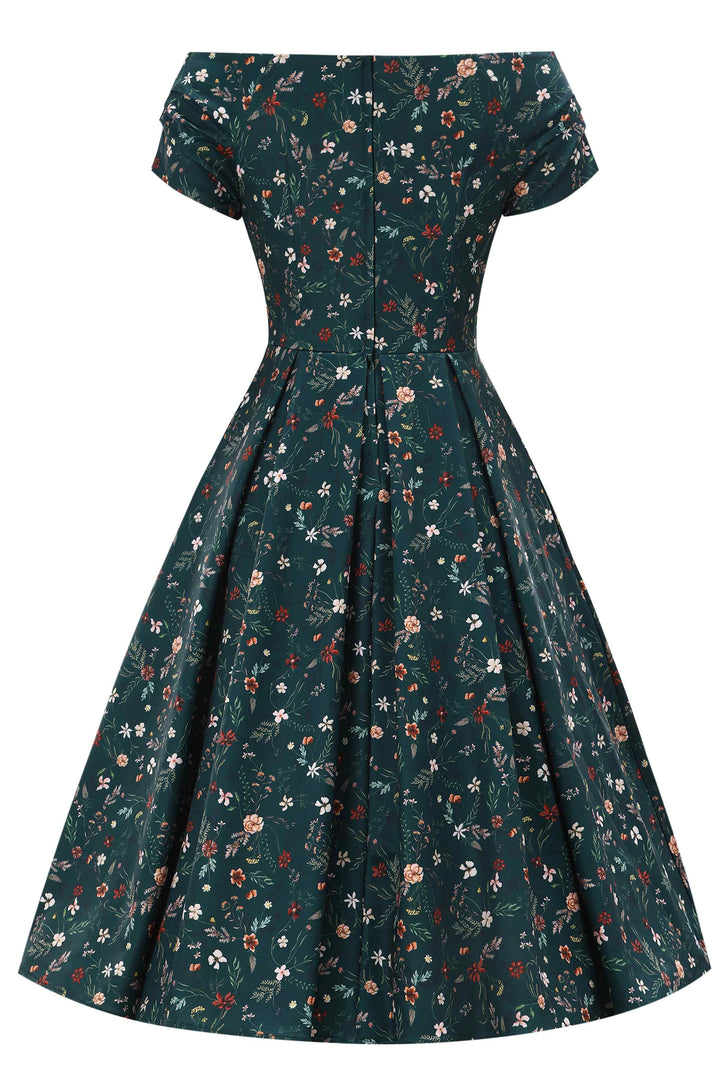 Back view of Lily Ditsy Flowers on Emerald Green Dress | Vintage Floral Dress