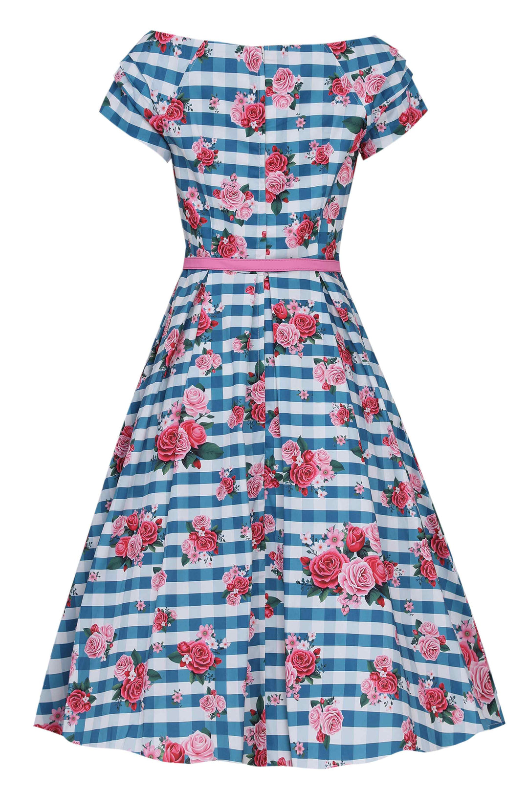 Back view of Lily Floral Gingham Off Shoulder Dress In Blue