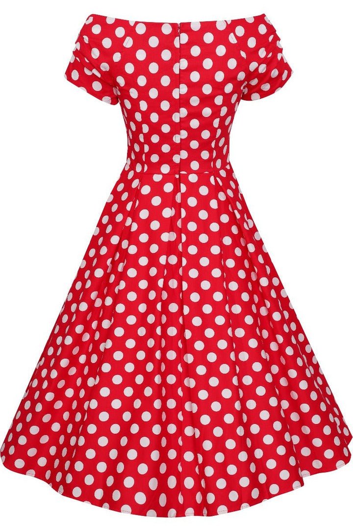 Back view of Lily Red & White Polka Dot Off Shoulder Dress