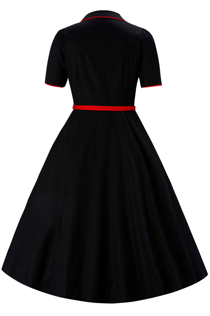 Back view of Mabel Retro Swallow Bird Embroidery Shirt Dress In Black