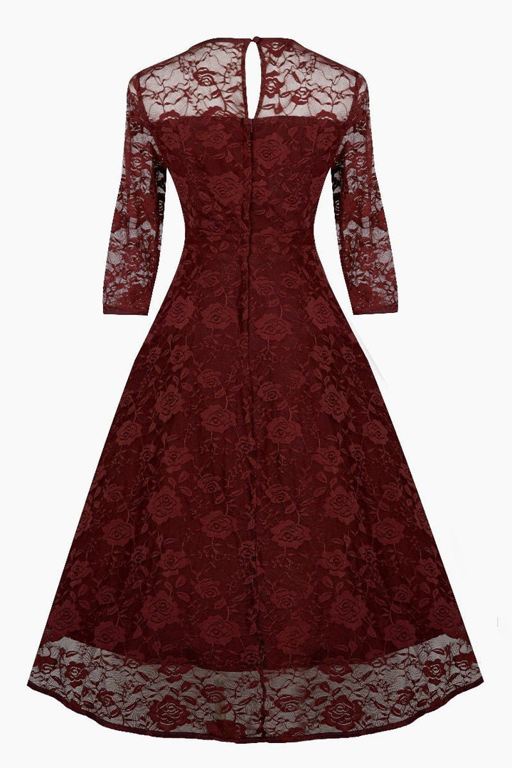 Back view of Madeline Long Sleeved Burgundy Lace Dress | Lace Occasion Dress