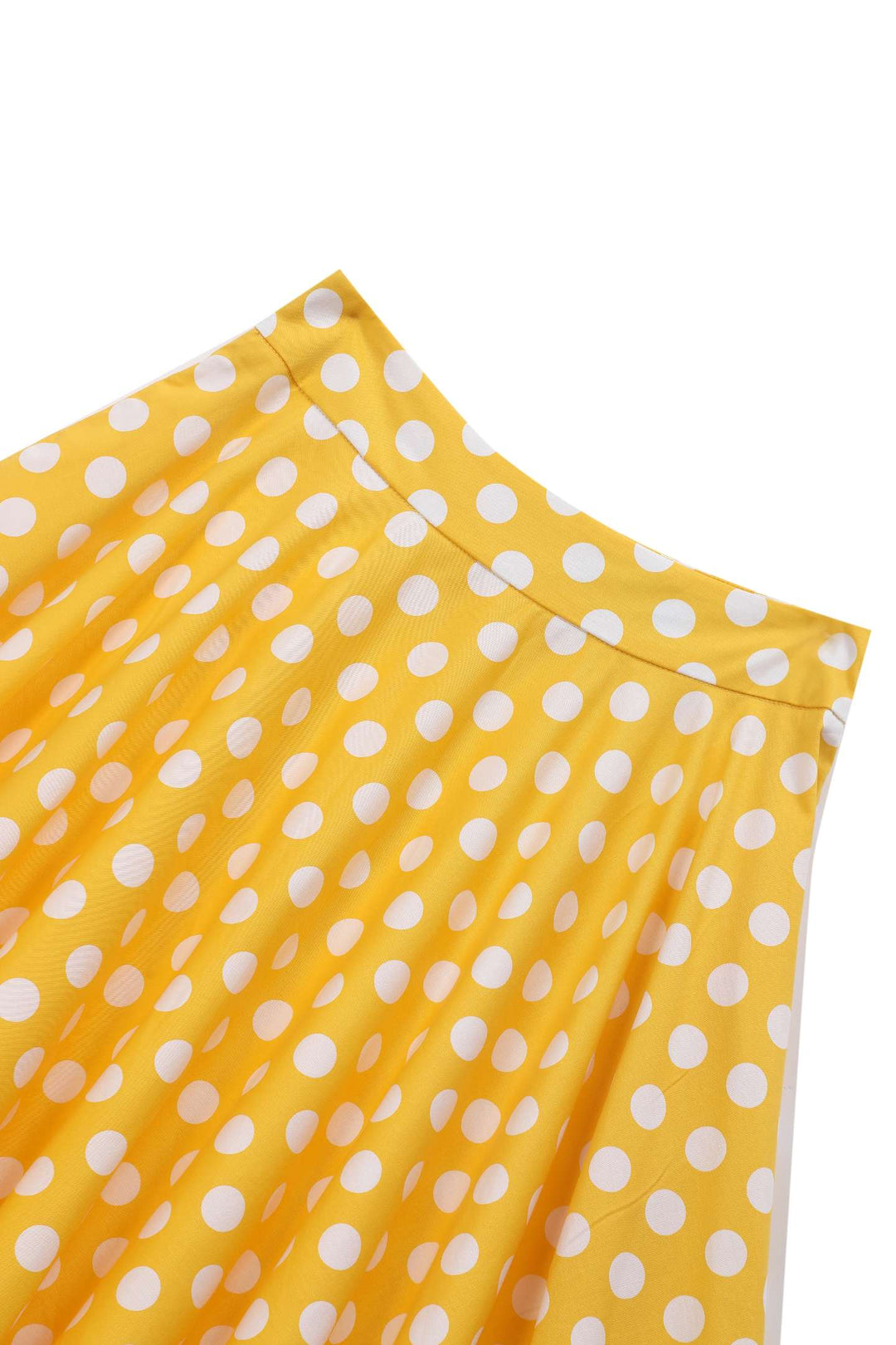 Close up view of Maisie Yellow & White Polka Dot Skirt | Polka Dot Midi Skirt