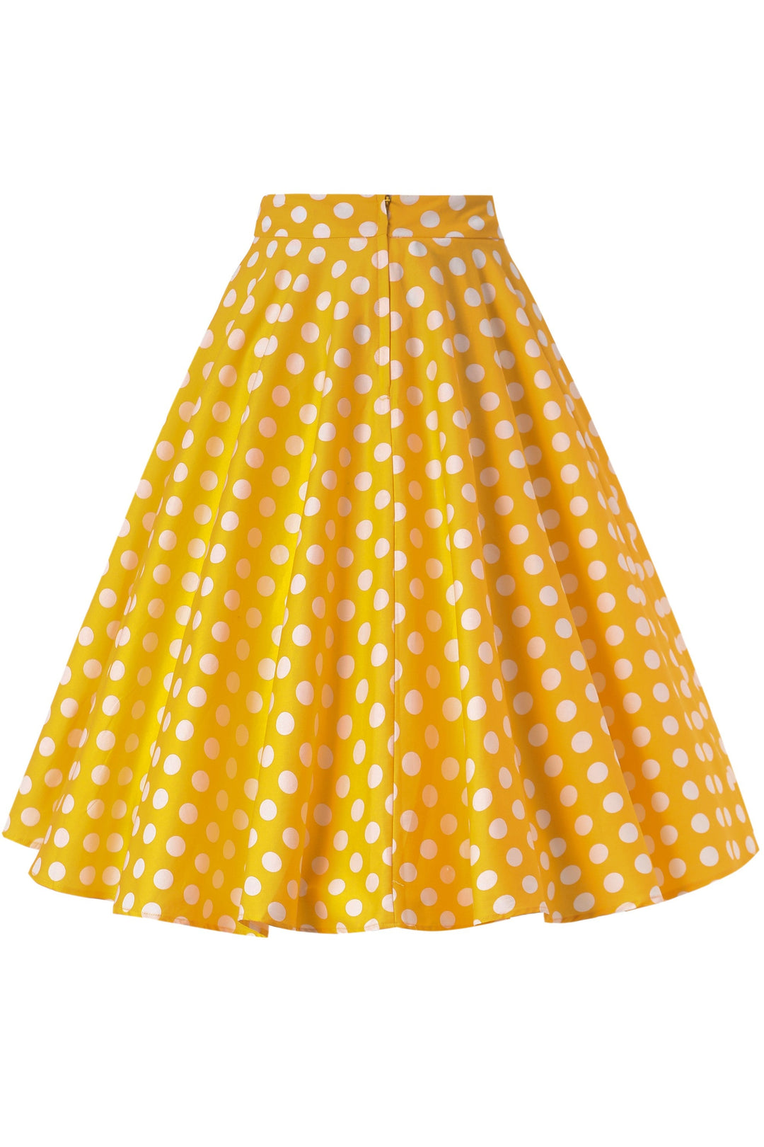 Back view of Maisie Yellow & White Polka Dot Skirt | Polka Dot Midi Skirt
