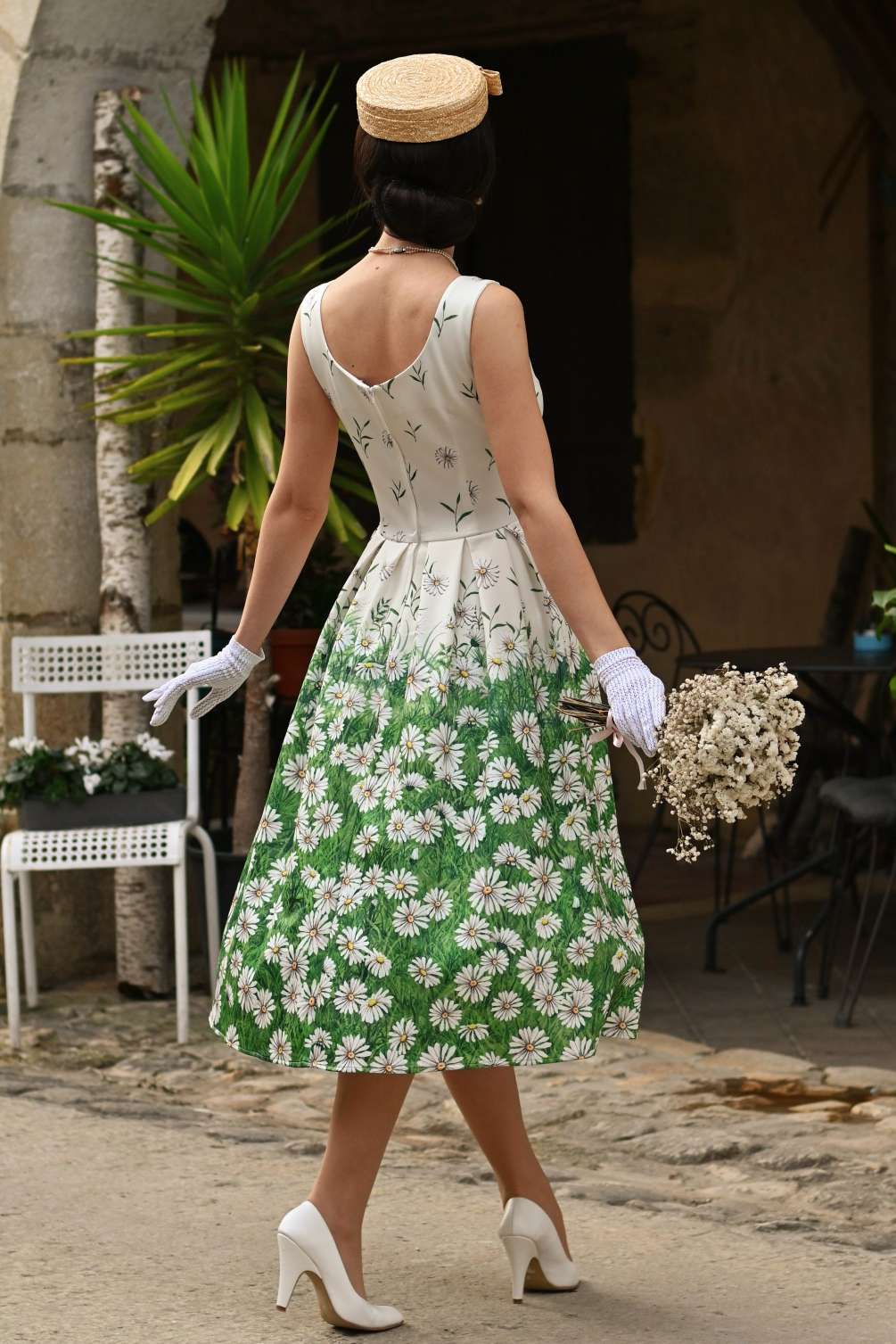 Back view of Model in Amanda Daisies in White Dress | 50s Style Dress