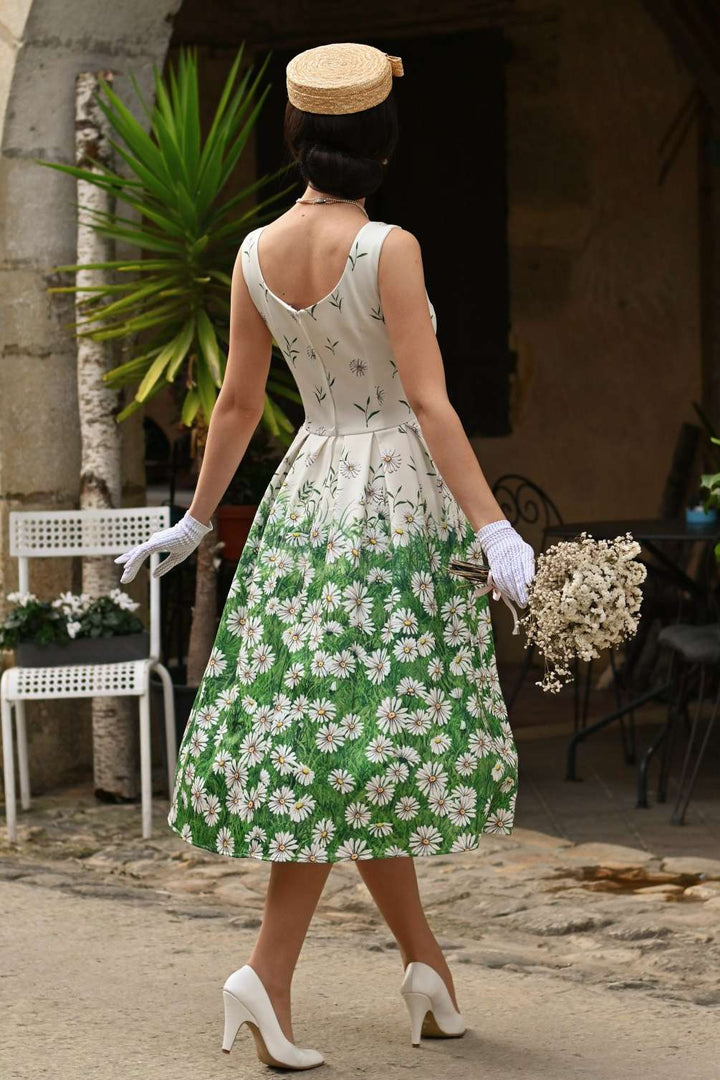 Back view of Model in Amanda Daisies in White Dress | 50s Style Dress