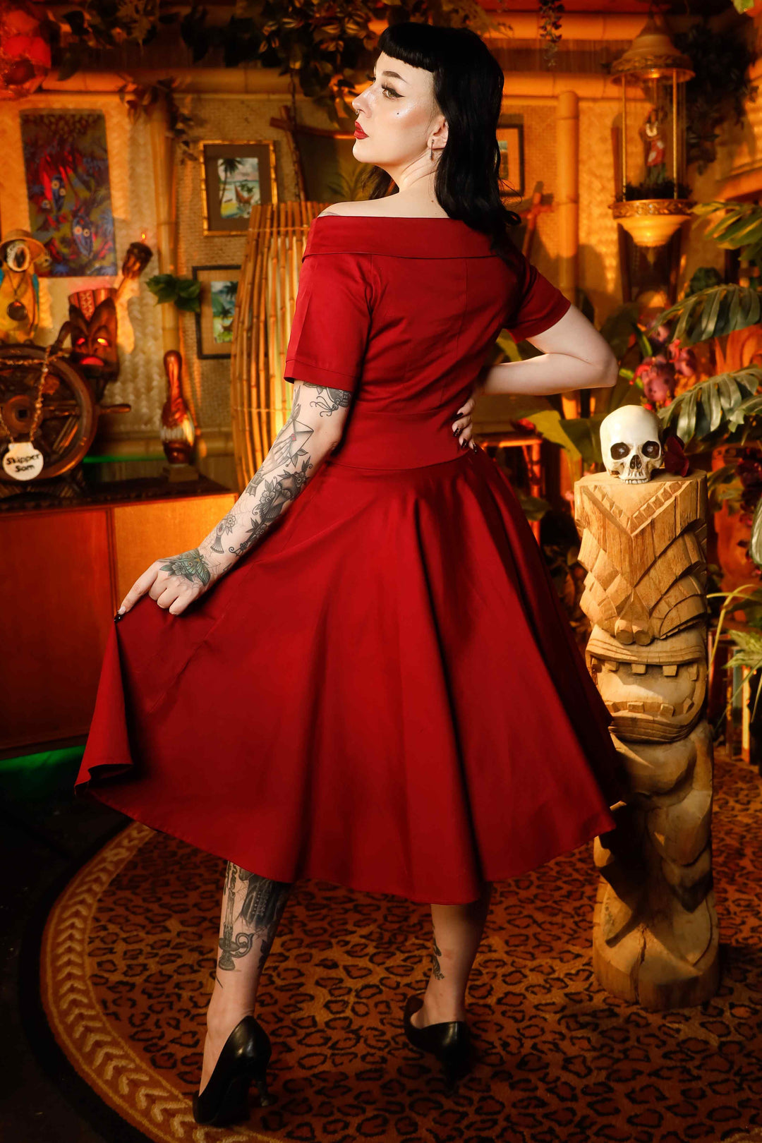 Back view of a lady wearing a Burgundy Off Shoulder Swing Dress | Rockabilly Style