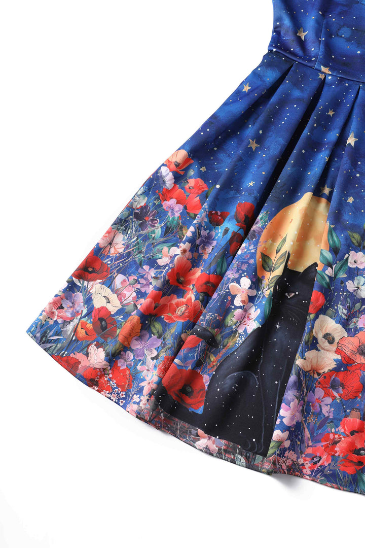 Close-up view of Amanda Black Cat Midnight Garden Box Pleated Dress