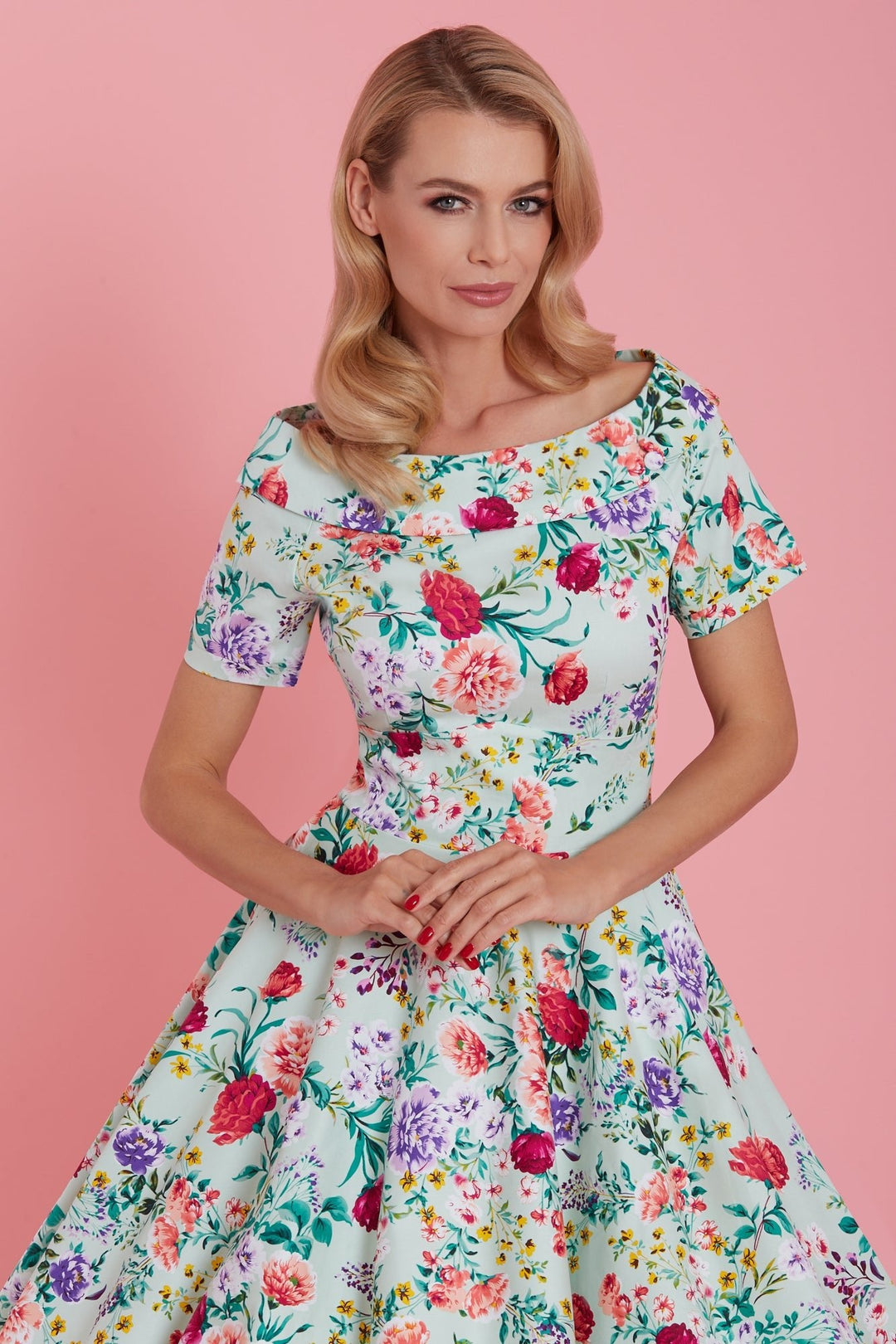 Close up of a Lady in Darlene Green Floral Print Dress | Vintage Floral Dress