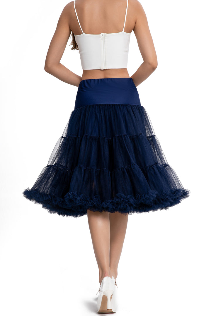 Close up shot of A model wearing a Fluffy Net Petticoat 25.5” In Navy Blue