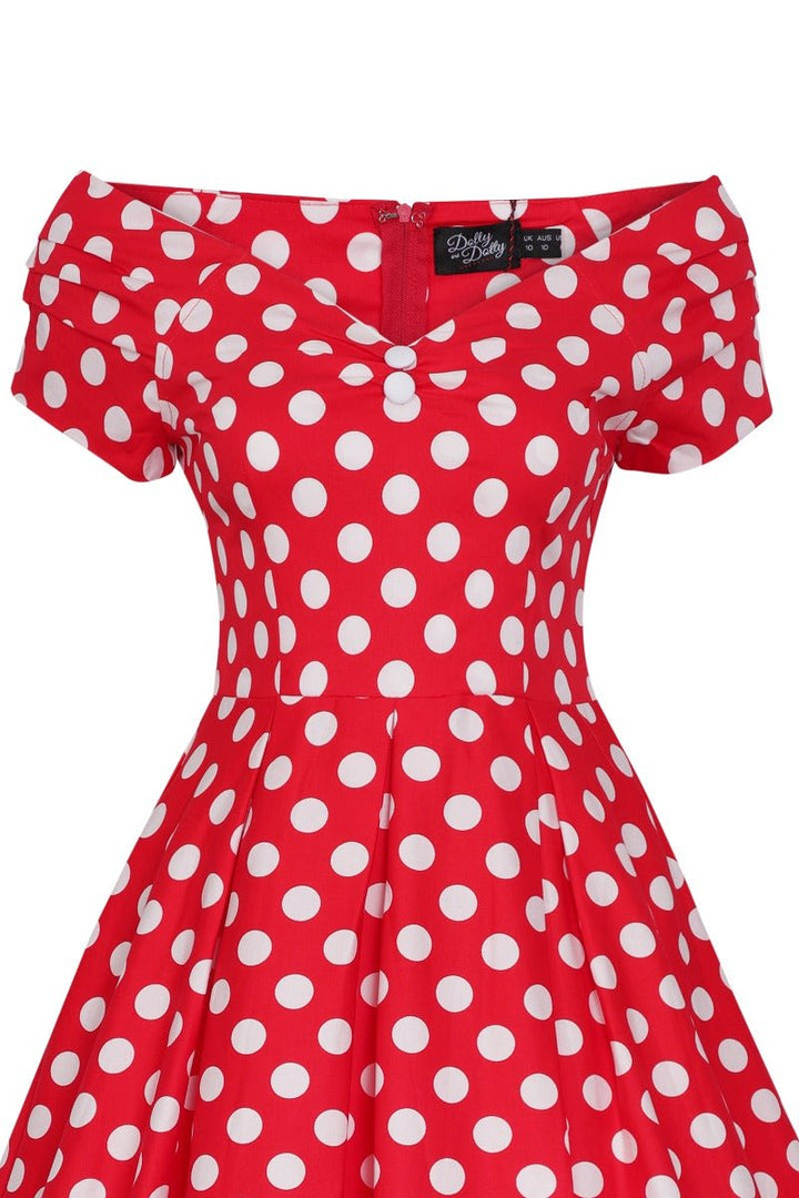 Close up the top of Lily Red & White Polka Dot Off Shoulder Dress