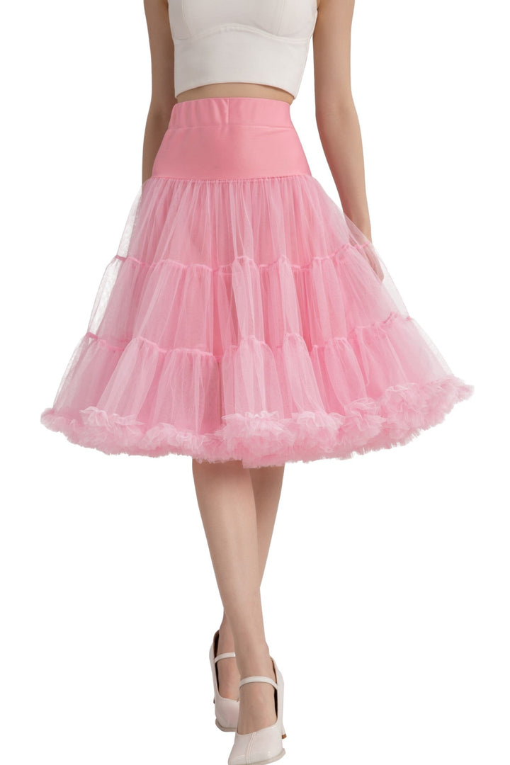 Close up to A model wearing a Hattie Pastel Pink 3-Tier Net Petticoat, 25.5 Inches
