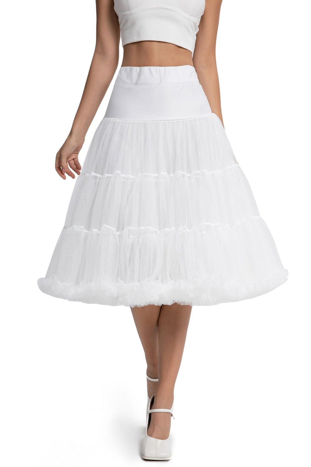 Close up to A model wearing a Hattie White 3-Tier Net Petticoat, 25.5 Inches