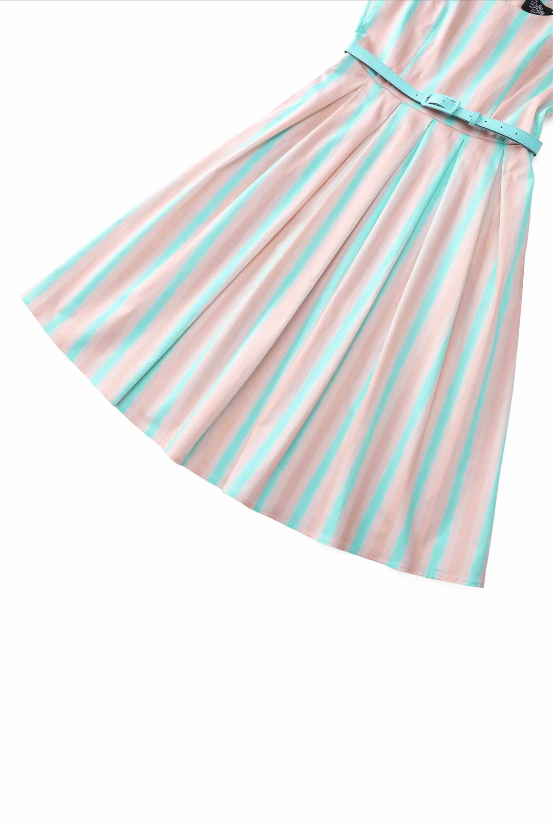 Close up to the skirt of Amanda Pastel Striped Flared Dress