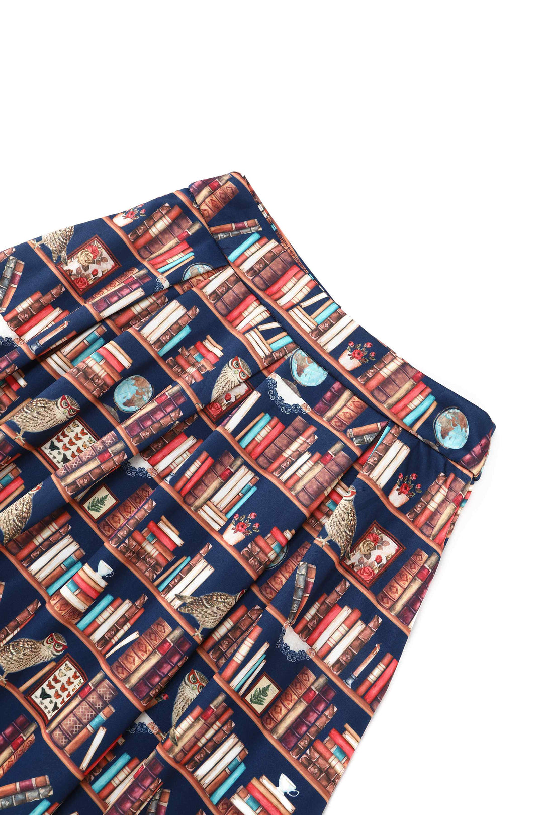 Close up view of Aisley Owls & Library Books Skirt | Quirky Teacher Skirt