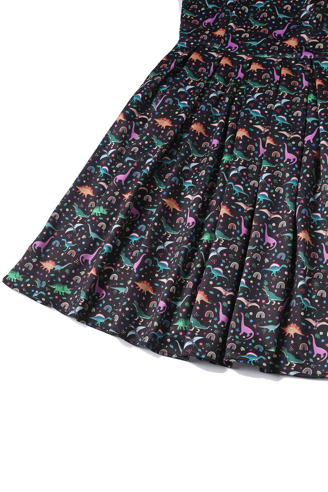 Close up view of Amanda Dinosaur Rainbow Dress | Novelty Print Dress