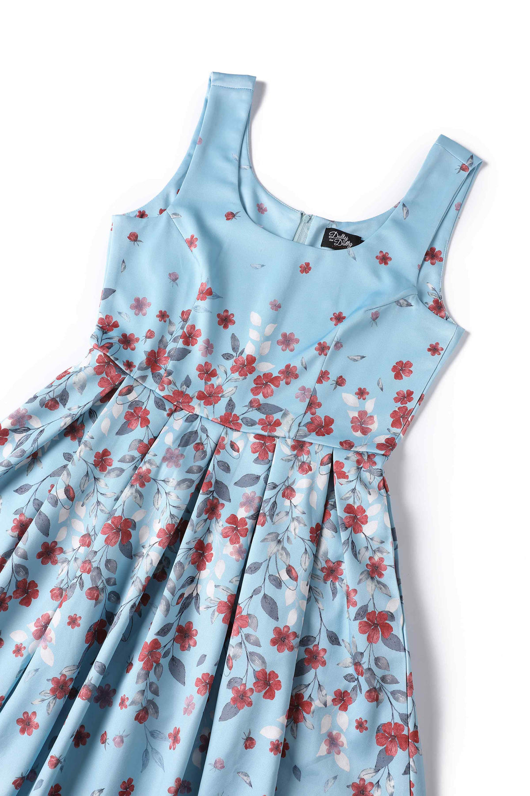Close up view of Amanda Falling Flowers on Light Blue Dress | Vintage Floral Dress