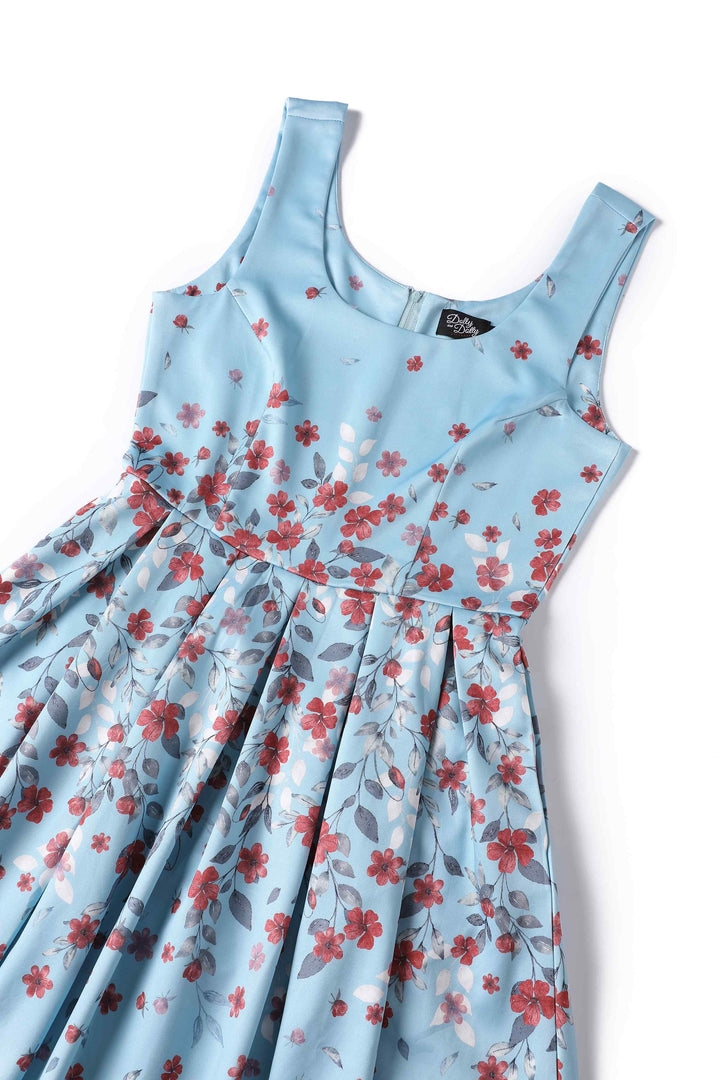Close up view of Amanda Falling Flowers on Light Blue Dress | Vintage Floral Dress