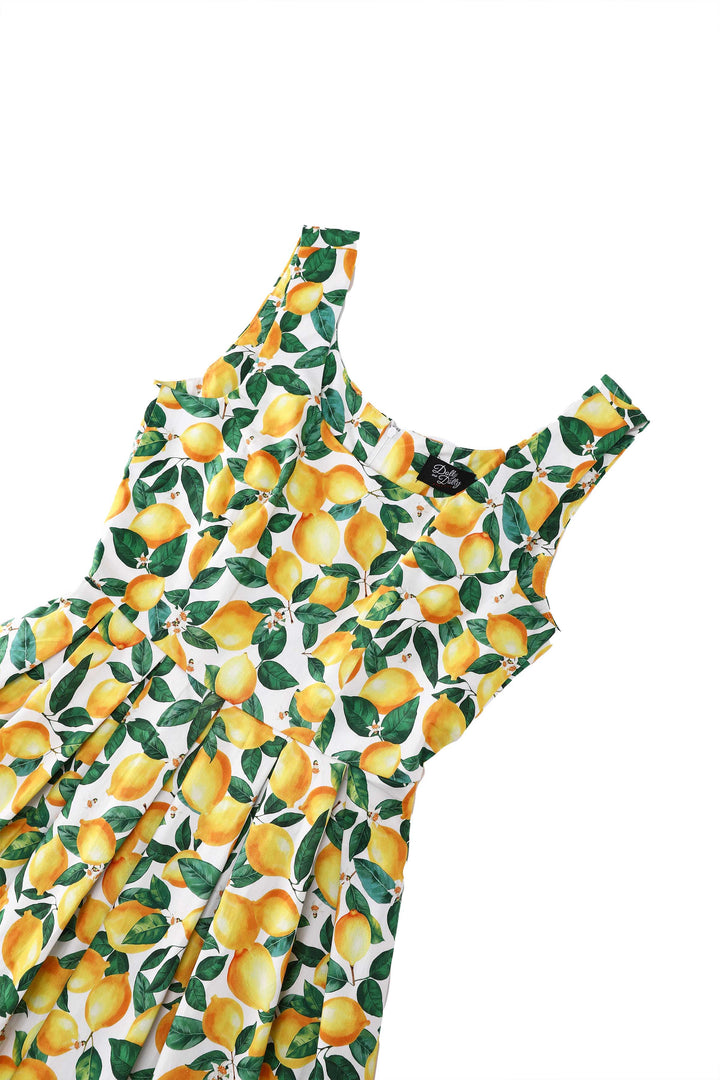 Close up view of Amanda Juicy Yellow Lemons on White Dress | 50s Style Dress