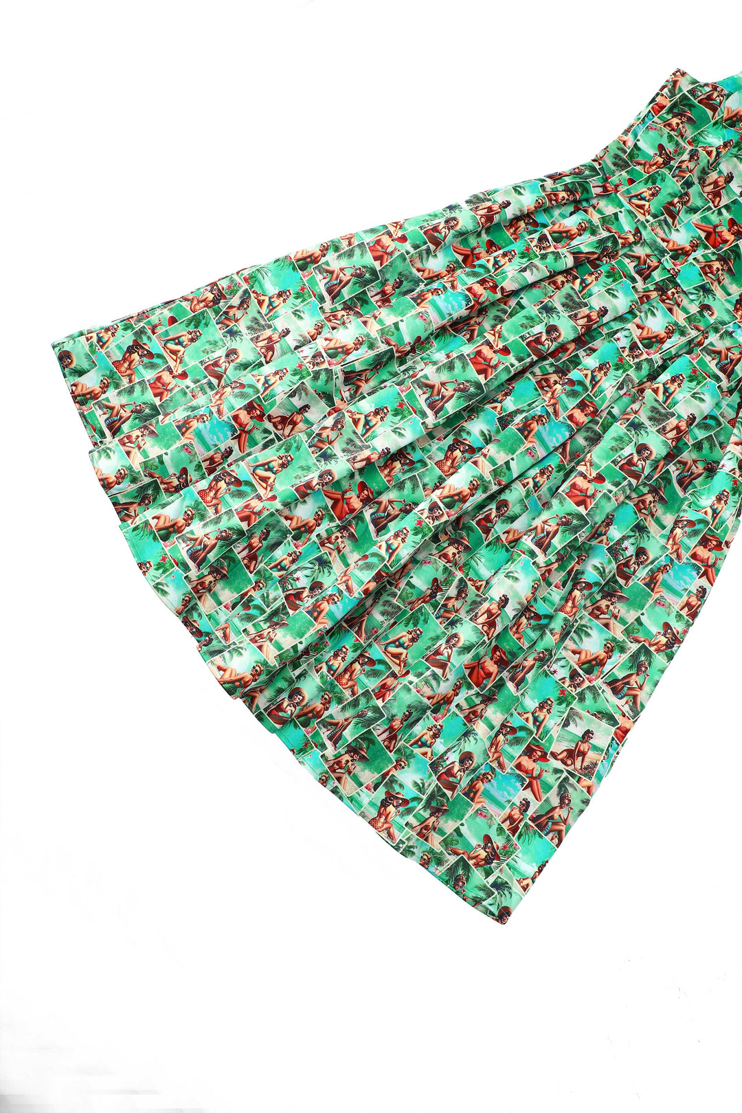 Close up view of Amanda Pin-Up Postcard Dress | Novelty Print Dress